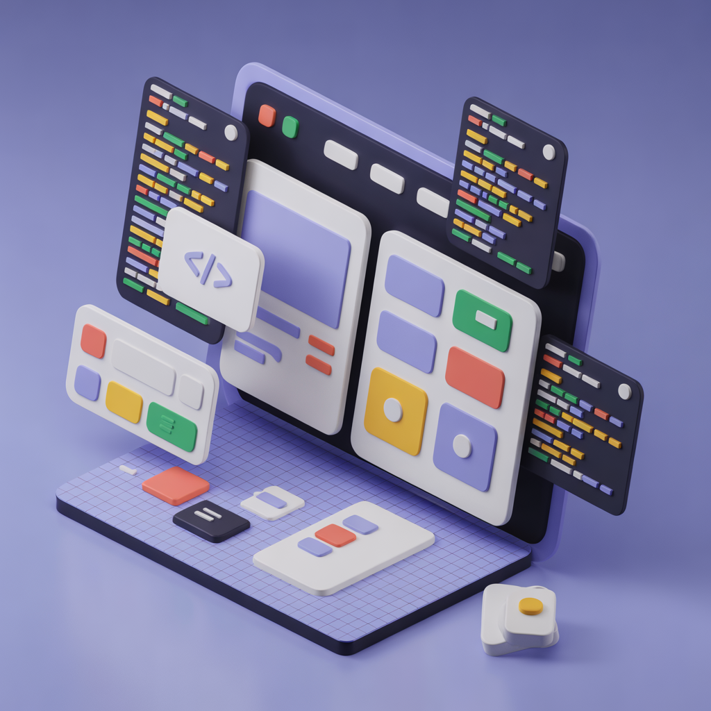 Generate a 3D isometric illustration of a creative web design process, featuring floating UI elements, colorful wireframes, and code snippets